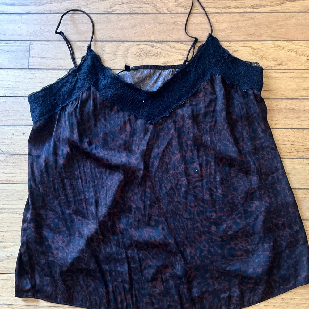 Patterned Satin Lace Trim Camisole in Black/Brown with adjustable straps